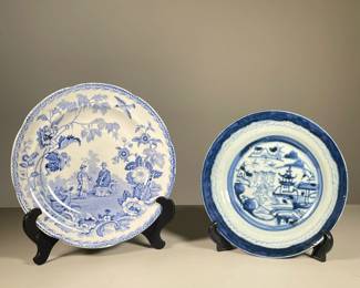 (2PC) BLUE & WHITE PORCELAIN PLATES | Including; Canton porcelain plate showing pogadas and boats in a landscape with cloud border, and other blue & white china plate. - h. 1 x dia. 10 in