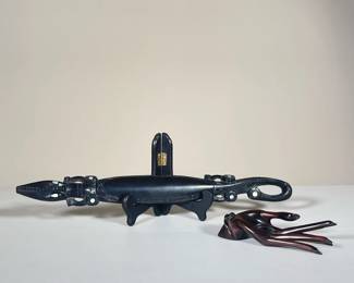 (2PC) DECORATIVE WOOD CARVINGS | Including an Ebony carved crocodile with mother of pearl inlay; plus a Rosewood hand signed “IB Tilem / Mas. Bali”. - l. 16 in (croc)