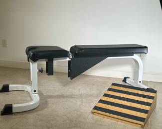 TUFF STUFF WEIGHTLIFTING BENCH & STRETCHER | Including; tuff stuff adjustable weight lighting bench and adjustable wooden stretcher block. -  l. 59 x w. 24.25 x h. 19 in