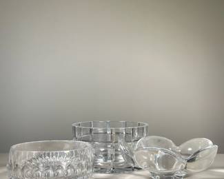(3PC) LARGE GLASS CENTER BOWLS | Including an Orrefors flower form bowl; a low form bowl with lobed pattern; and a Ceskci mid century style cylindrical bowl. - h. 4.75 x dia. 8.75 in (largest)