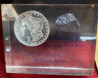 Morgan Silver Dollar and Ore from Wallace Ohio Set in Lucite