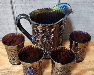Carnival Glass Pitcher and Glasses