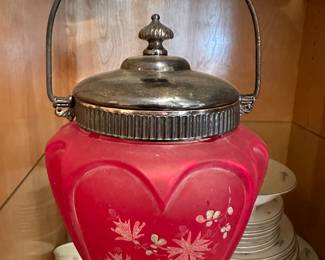 MORE TO COME DAILY! Beautiful Phoenix Art Glass "HEART ARCHES" Red Satin Biscuit Cracker Jar!