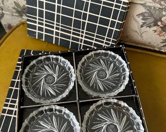 These are BEAUTIFUL Vintage Bohemian Glass Glam Pinwheel Crystal Coasters from Czechoslovakia! MINT in their original boxes! AND THEIR ARE TWO SETS! 