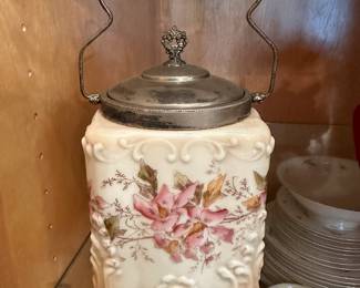 MORE TO COME DAILY! Beautiful Antique Victorian Wavecrest Glass Biscuit Jar Blue w/Floral Design. Cover/Handle!
