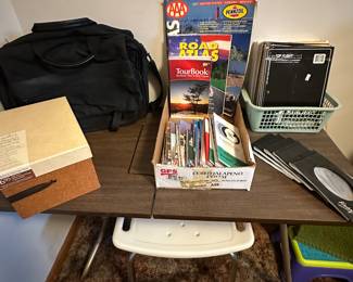 A Great MCM drop leaf sewing table! Lots of vintage road maps from around they USA.  More miscellaneous!