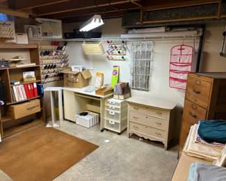 This is the sewing room in the basement! Some GREAT pieces for the sewer in your life and some excellent vintage furniture to boot! 