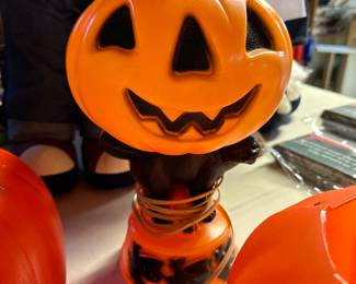 This guy is a Vintage EMPIRE Plastic Orange Halloween Pumpkin Black Cat Witches Border Blow Mold 14" NICE! 