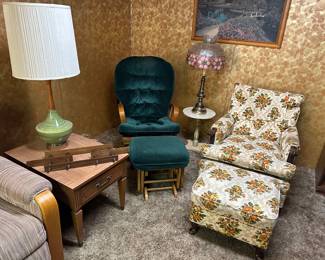A great over stuffed chair and ottoman! The rocker in the corner is SUPER comfy! On then table between the chairs is a GREAT MCM Shell Shade Lamp! 