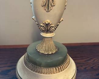 I believe this to be a vintage Rembrandt Masaterpiece Torchier Table Lamp, Milk Glass Textured Shade. A vintage Rembrandt Masterpiece table lamp with the milk glass textured torchiere shade. Cast metal base with marble and cast metal body. 