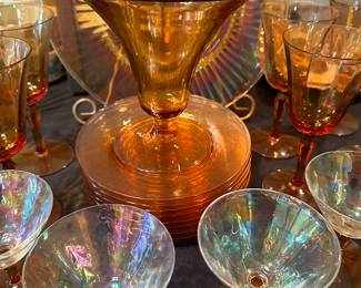 A entire collection of Amber Glass! Charger, plates, glasses, candles sticks etc...BEAUTIFUL! 