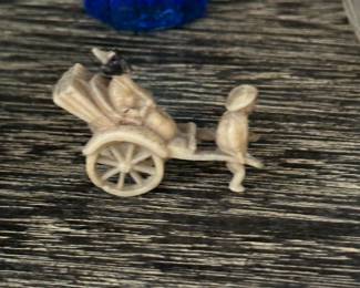 VERY OLD Rickshaw Figurine! Boy Pulling Lady! Ivory Colored Plastic! 