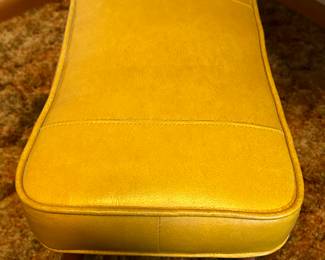 LOVE LOVE LOVE this great little Harvest Gold Naugahyde MCM ottoman Foot Stool! Maple legs! Mrs. Partridge would be happy to put her feet up on this awesome vintage piece after a day driving those damn kids around on that bus! Come On Get Happy! 😀