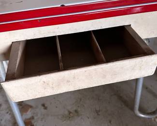MORE TO COME DAILY! Terrific enamel metal top table! Red Diamond Design! Leaves slide out! 