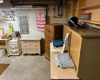 This is the sewing room in the basement! Some GREAT pieces for the sewer in your life and some excellent vintage furniture to boot! 