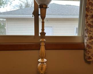 I believe this to be a vintage Rembrandt Masaterpiece Torchier Table Lamp, Milk Glass Textured Shade. A vintage Rembrandt Masterpiece table lamp with the milk glass textured torchiere shade. Cast metal base with marble and cast metal body. 