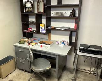 An ENTIRE Steelcase Office Set! Desk, Typewriter Table, Waste Basket and Chair! The book case above it was built specifically to fit this desk. 