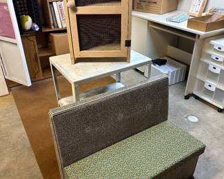 A couple of vintage furniture pieces! A Childs Booth seat and a metal cart! Also a small pie cupboard! 