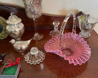 Fenton hobnail basket, Lalique Christmas ornament