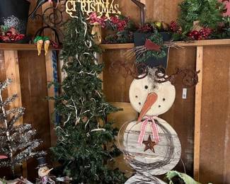Christmas decor/artificial trees, wooden snowman
