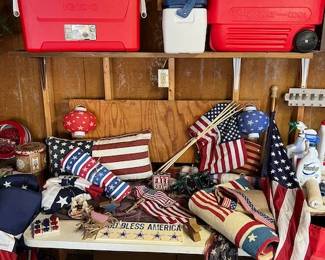 Fourth of July decor, folding lawn chairs, Igloo coolers