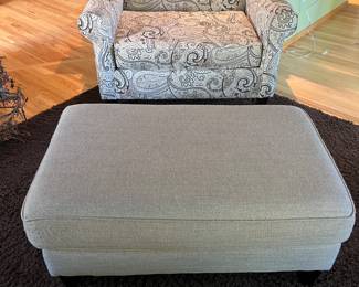 Pair of overstuffed chairs, ottoman