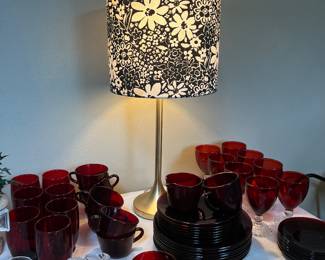 Ruby red vintage plates, cups and stemware