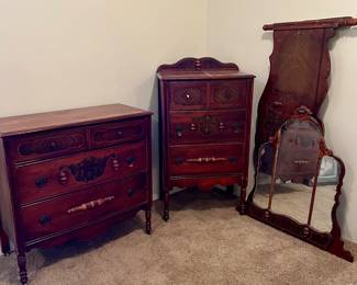 Antique bedroom furniture dresser, chest headboard. Could use some tlc