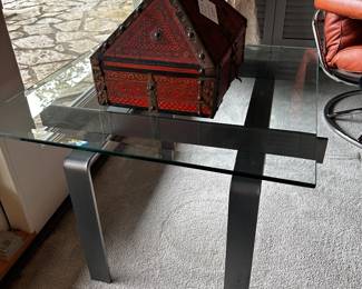 Danish metal and beveled glass table base appears to be brushed steel and has a Danish sticker. Measures 2' square and 16" tall.
