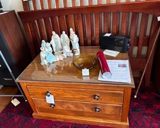 2 drawer chest with hidden compartment, Ethan Allen mission style bed full / queen, vintage 12 pc Nativity set, Anchor-Hocking amber ashtray