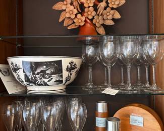 top - down: Zocalo Mexican pottery "Adam and Eve" Thomas Hart Benton Wedgwood bowl, glassware and wooden candle holders, set of 3. 