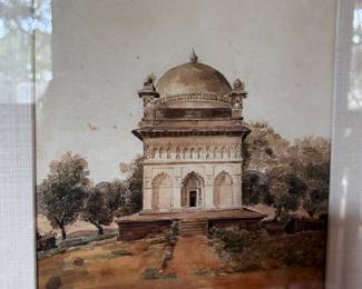 Watercolor c 1842 of Mullik Amber's Tomb at Rosa, near Aurangabad, India Shown within mat 10 3/4" x 7 1/2" 