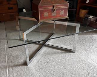 X base mirrored chrome and tempered glass top coffee table in the style of Mlo Baughman, as is. Measures  37" x 37" and 16" tall 