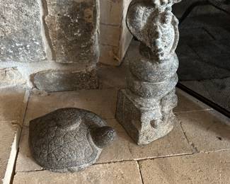 left, Indian granite turtle , length 8 inches, from South India,  right: stone naga from Kerala, India, height 12 inches. 