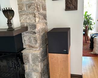 Pair of Reference Series KEF stereo speakers on pedestals. Pair of Temple carvings Tamilnadu 14 x 8.5"