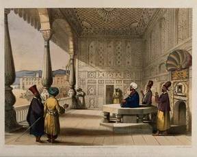 "The Interior of the Palace of Shauh Shujuh Moolk" colored lithograph plate from the 1848 book AFGHAUNISTAUN James Rattray. Esq ,  Hering & Remington, London