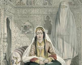 "Ladies of Caubul Out of Door Costume" from the 1848 book AFGHAUNISTAUN James Rattray. Esq ,  Hering & Remington, London