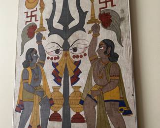 Indian temple hanging, painted cloth from Rajasthan. 60x 41.5 inches, framed. 