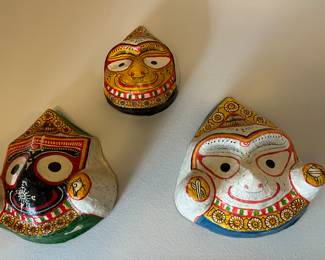 paper mâché masks of Jagannath gods, each about 7 inches tall. Puri, Orissa. 