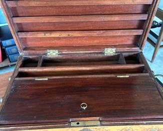 Interior: Indian writing box. with brass inlay. 4.5 x 10.25 x 16 inches. Beautiful piece. 