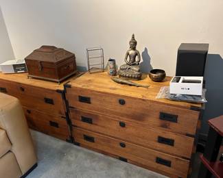 5 drawer Japanese "Tansu" Kimono chest.(shown in two parts)  37 inches wide, depth is 16.5 inches .  Combined height 44 inches, stackable. Tibetan seated Buddha, silver on bronze, 13 inches high.  Also Indian articulated brass fish, powder holder.