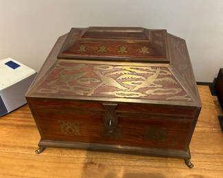 Indian wooden chest, brass inlay, 11 x 15 x 11 inches high. 