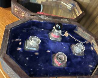 Interior of  inlaid brass and wood Indian perfume box , 4.5 inches high by 8 inches wide.