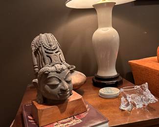 Indian carved stone head, 11 inches high -purchased in the 1970's, modern reproduction, Asian celadon lamp