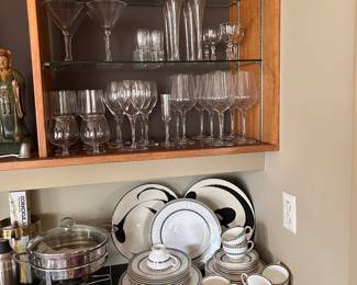  Wedgwood bone china "Colonnade" 8 6 place settings, made in England. Top: Chinese roof tile; crystal stemware by Reidel, Bormioli, etc. 
