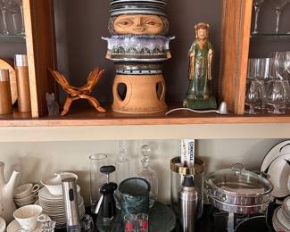 L to R: folding hands stand Center top: ceramic soup tureen sculpture by Marie Nishimura, 22" high purchased from artist in San Antonio in 1979, Chinese roof tile probably 19th century