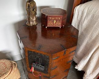Wooden octagonal table/ Korean Hat box , 22 inches high and 18 inches across, purchased in Honolulu in 1987. Indian perfume box. Brass inlaid, 4.5 inches high, 8 inches wide. 