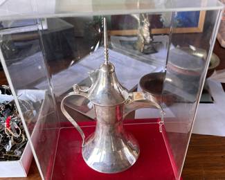 Gulf Emirates silver coffee pot, 9 inches high, in acrylic box. Purchased in Dubai 2001. 