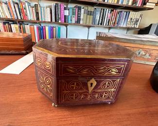 Indian perfume box. Brass inlaid, 4.5 inches high, 8 inches wide. 