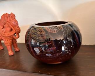 L: Terracotta votive horse, North India, 8" tall R:  Bowl by Peter VanderLaan, Glory Hole Glass Works, Santa Fe, NM. , 5 1/2" height,  purchased in 2006.